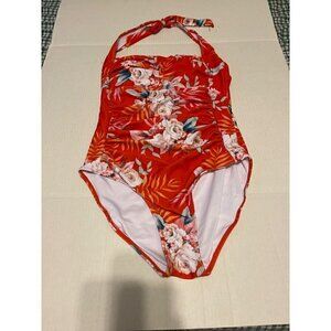 Women's One Piece Tummy Control Floral Swimsuit Halter Scallop Trim Ruched Bathi